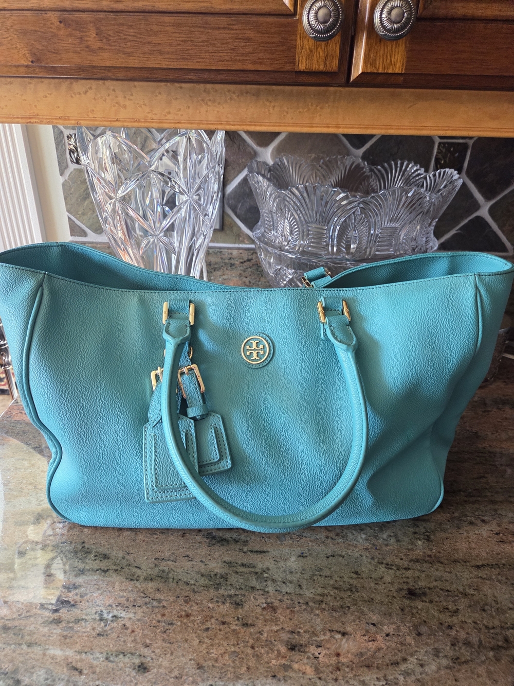 Tory Burch Turquoise Leather Tote with Gold Hardware